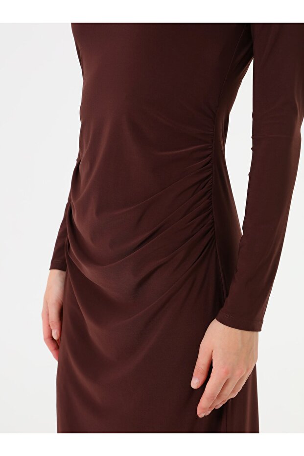 Drapeli Detaylı Elbise - Acı Kahve - - 5
