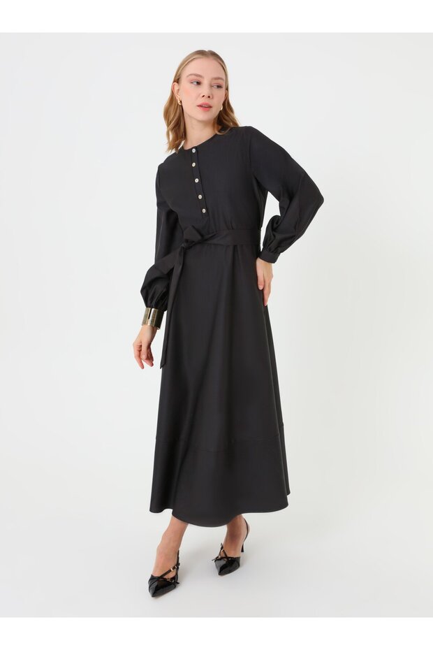 Poplin Fabric Hijab Dress with Button and Belt Detail - Black -