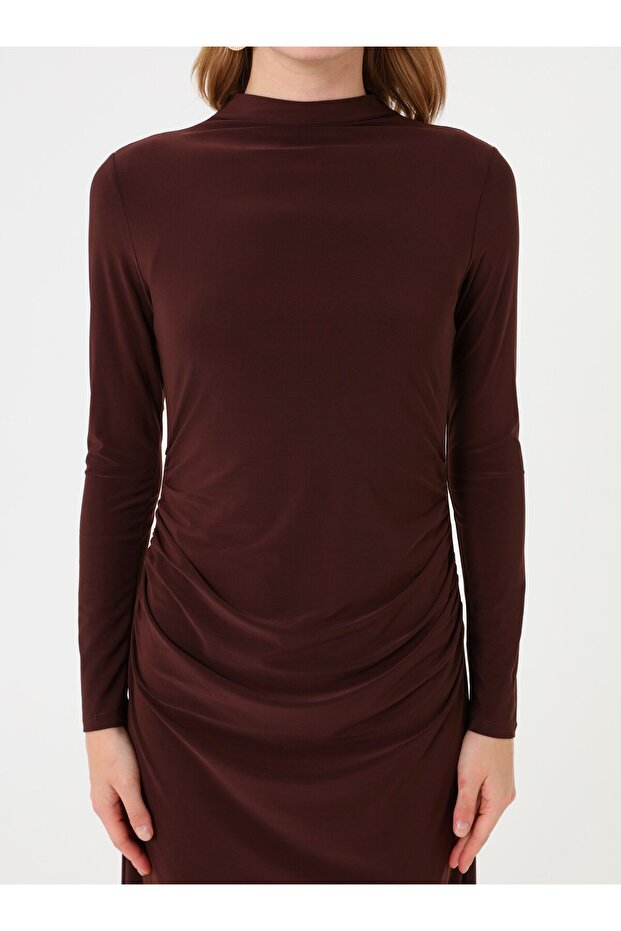Drapeli Detaylı Elbise - Acı Kahve - - 4