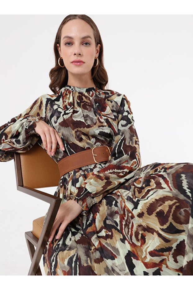 Brown Tones Patterned Long Dress - Brown -