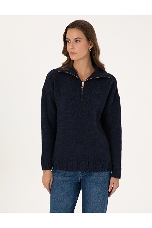 Navy Blue Comfort Fit Zippered Mock Neck Sweater 50316329-Vr033