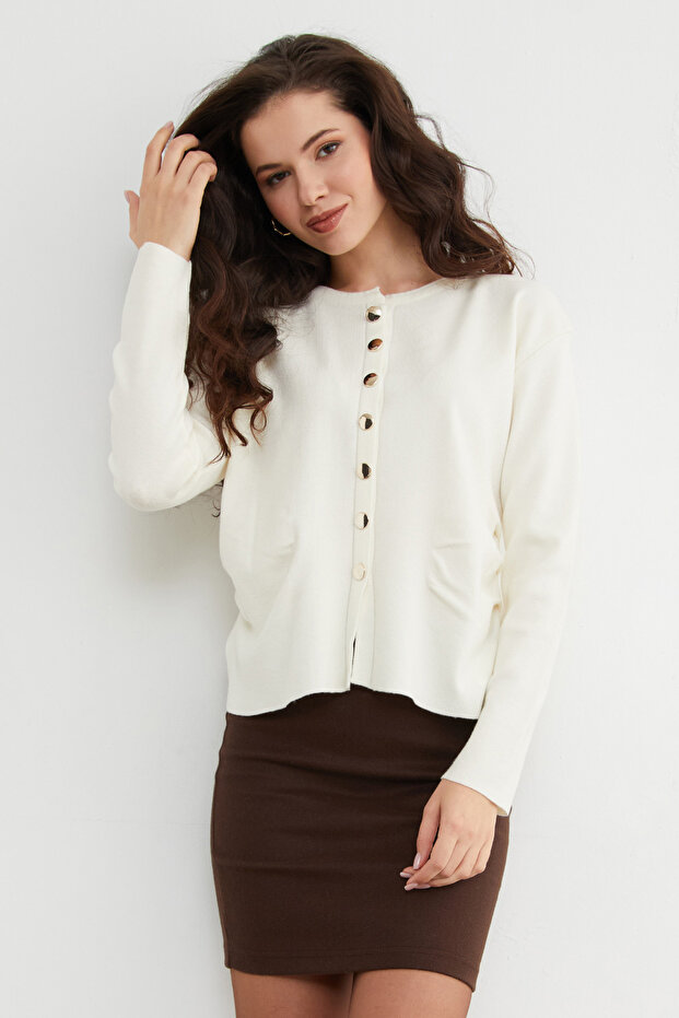 Yanları Drapeli Düğmeli Triko Hırka - 4