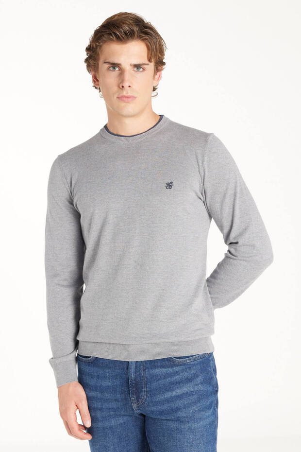 GRİ MELANJ BİSİKLET YAKA BASİC KAZAK - 1