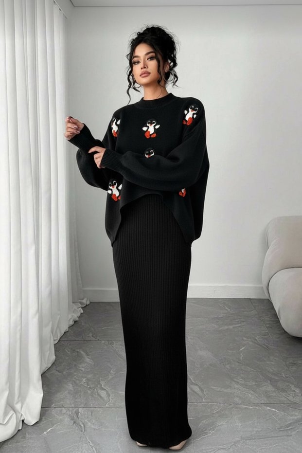 Penguin-Themed Strappy Dress And Bolero Two-Piece Knit Set