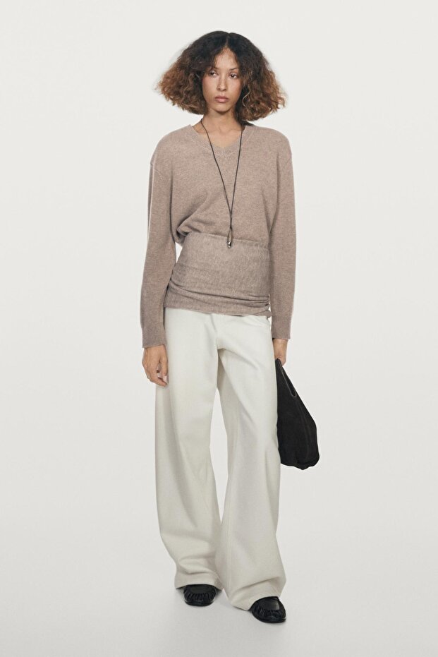 Dirseği yamalı V yaka triko kazak - 1