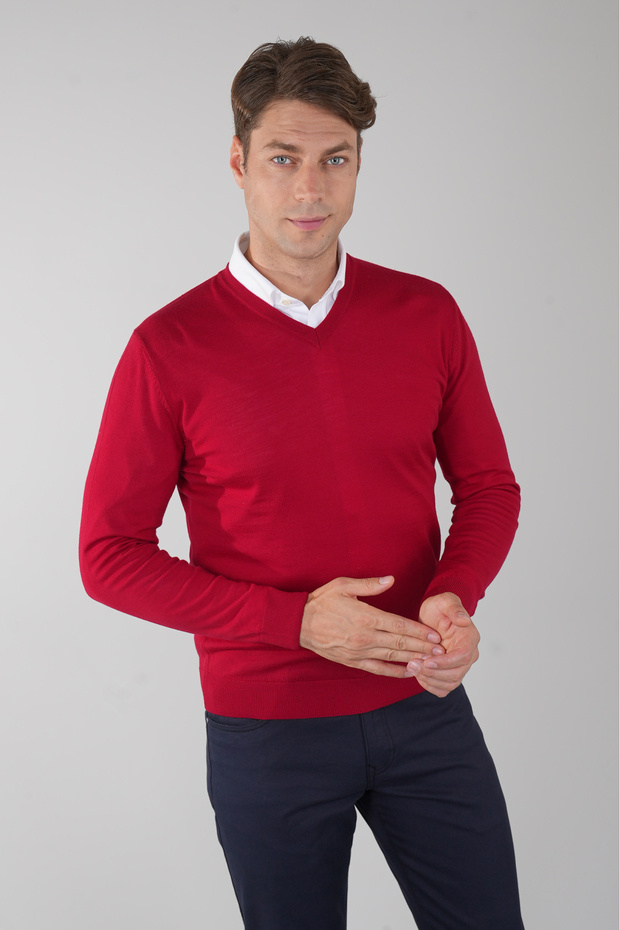 Erkek Basic V Yaka Triko Kırmızı - 1