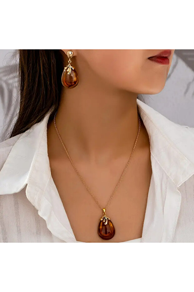 Damla Model Amber Necklace Earring Set - 1