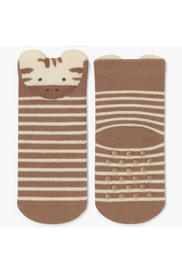 2 Pairs of the Same Model Cotton Non-Slip Sole Baby Socks – Striped Giraffe Pattern Set That Doesn'T Lose Shape When Washed