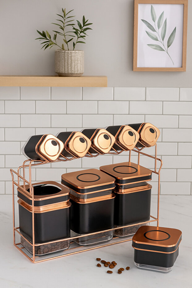 9-Piece Black Storage Container and Spice Rack Set with Copper Lids – Kitchen Organizer with Metal Stand
