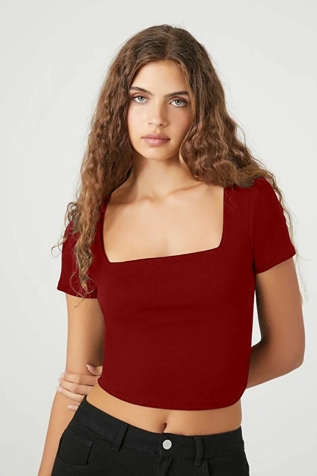 Women's Burgundy Square Neck Short Sleeve Double Layer Sandy Fabric Basic Body Crop T-Shirt