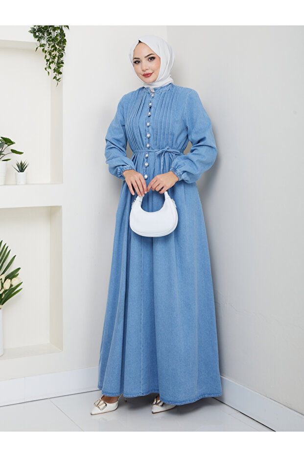 KADIN DRAPELI DÜĞMELI PİLİSELİ KOT ELBİSE - 6