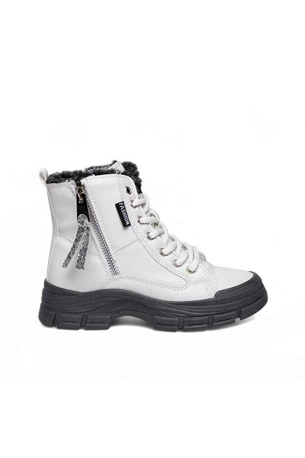 (Conpax) Children's Boots with Wool Inside, Thermo Non-Slip Sole, Zippered & Lace-Up, White