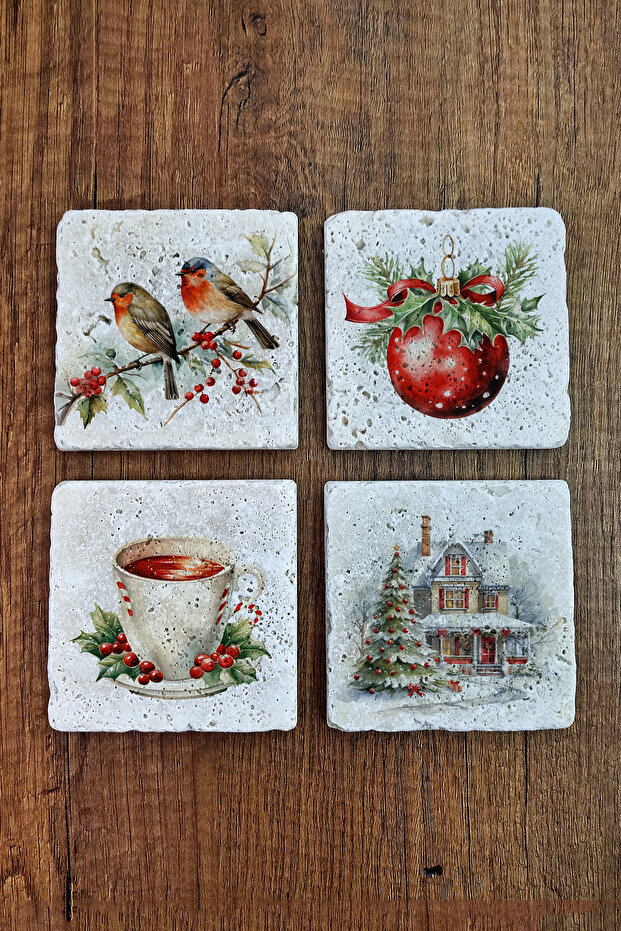 Natural Stone Coaster - Christmast New Year Printed 10X10Cm Ai Noel - Stone Coasters 560