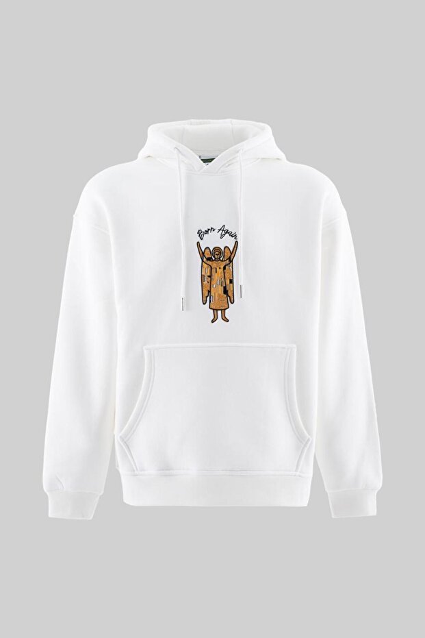 Men's Angel Embroidered Fleece-Lined Hooded Sweatshirt Ecru
