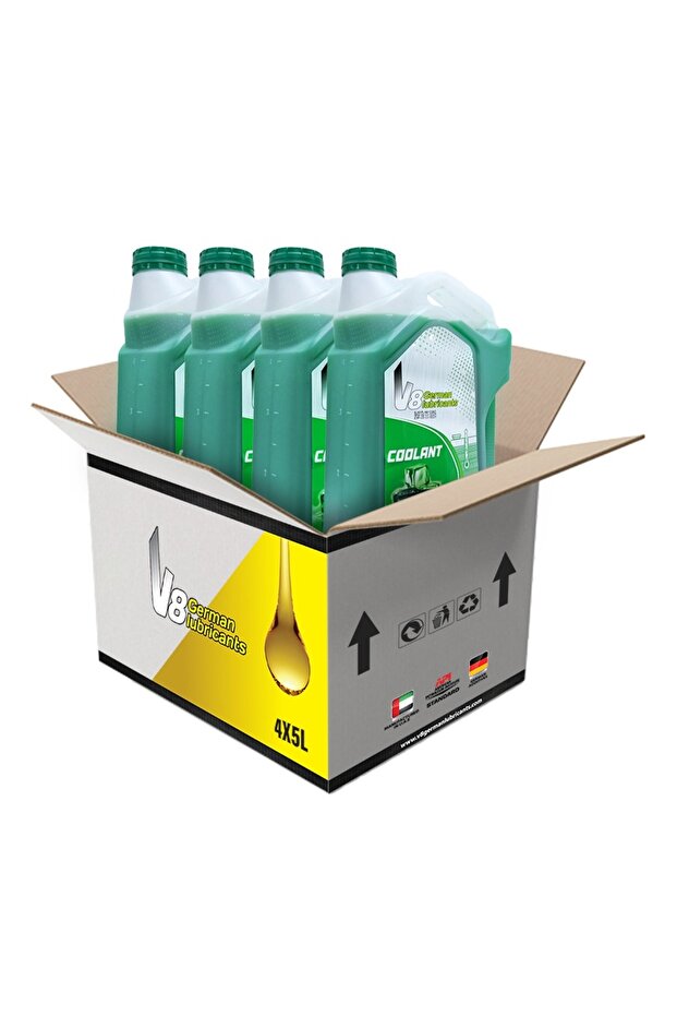 V8 German Lubricants Green Radiator Coolant 5L – Pack of 4 | Premix, Ready-to-Use