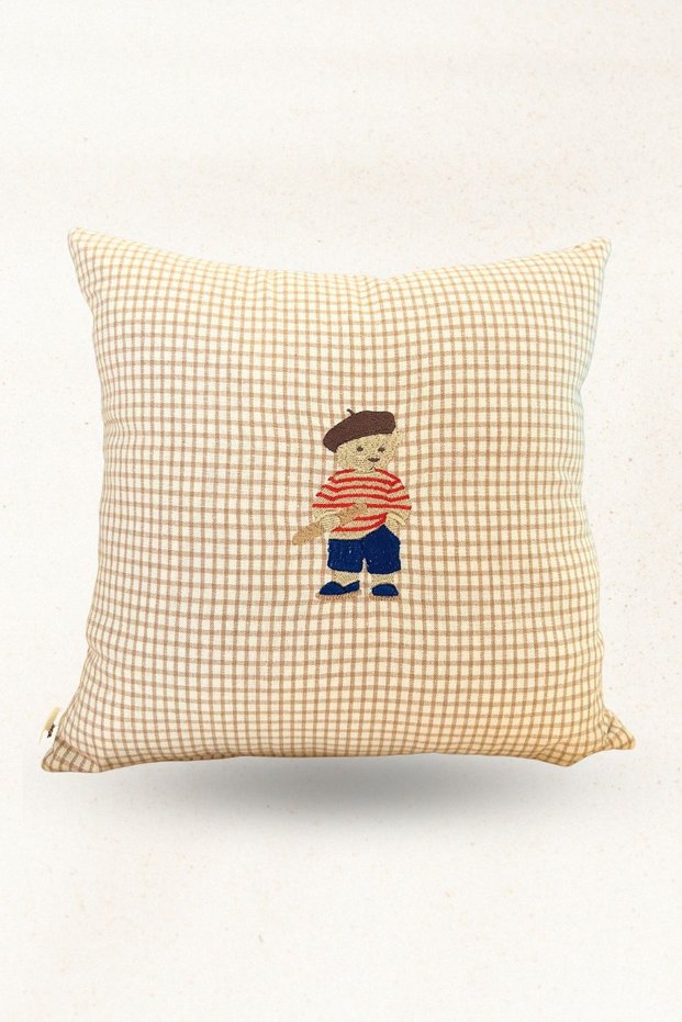 Linen Checkered Fabric, Embroidered Stuffed Decorative Throw Pillow