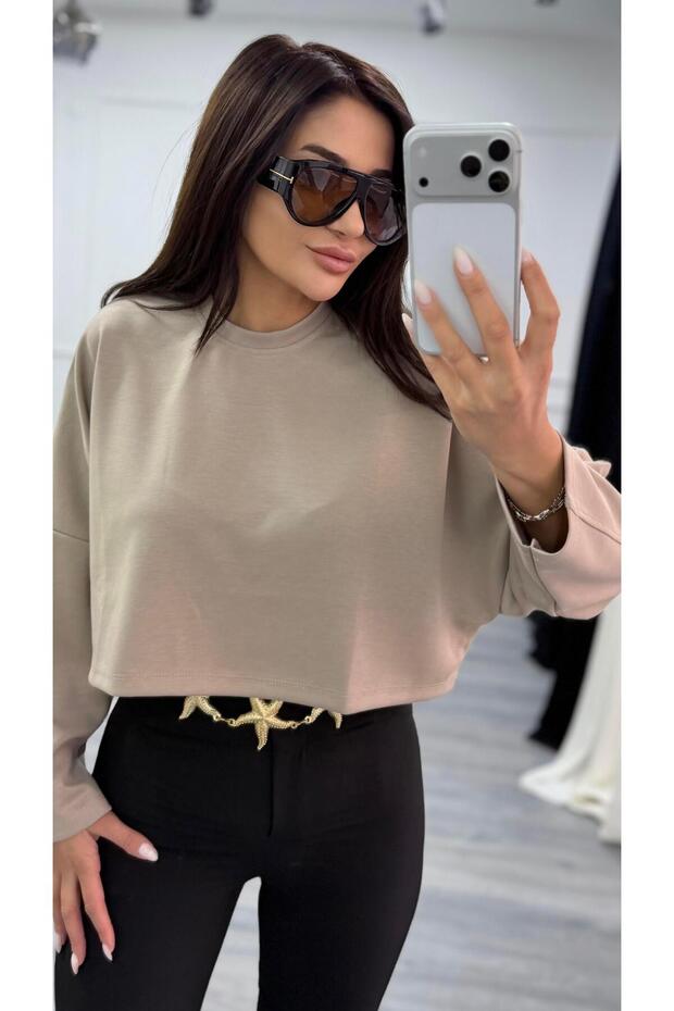 Bej Bisiklet Yaka Oversize Sweatshirt - 1