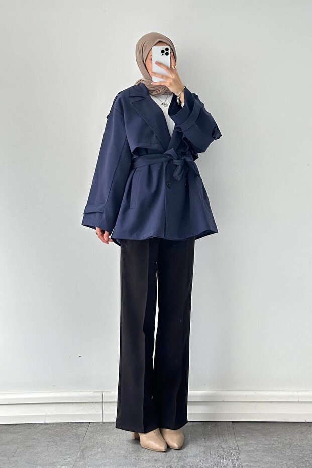Short Trench Coat with Shoulder Epaulettes Navy Blue