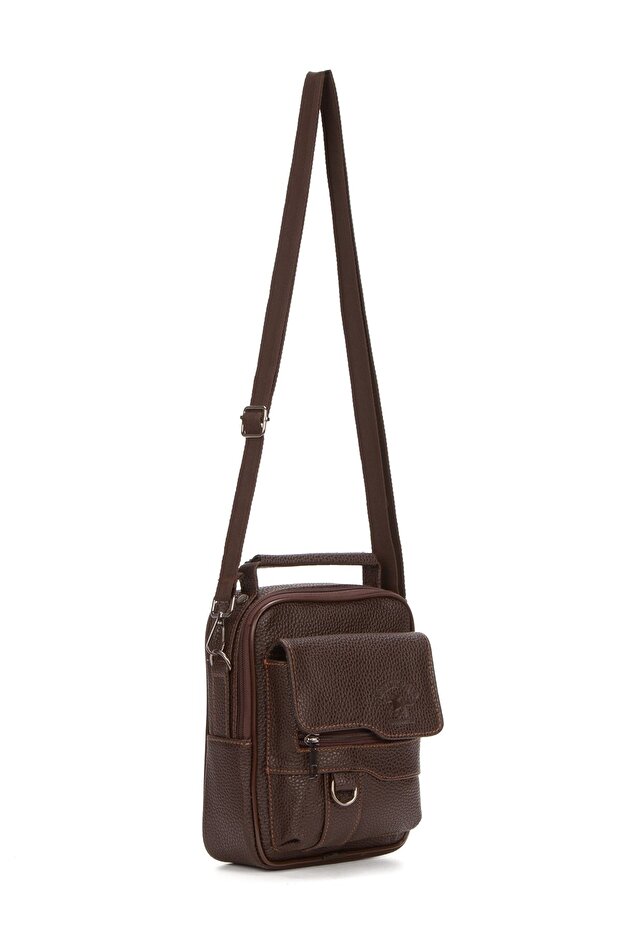 Men's Brown Faux Leather Crossbody Bag with Phone Compartment