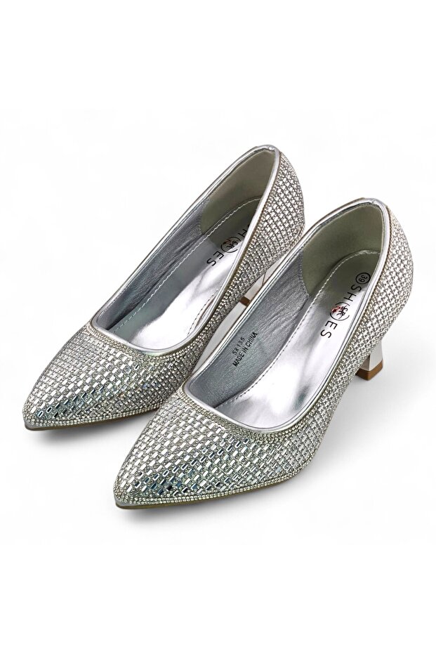 Rhinestone Pointed Toe Mid Heel Pump - 4
