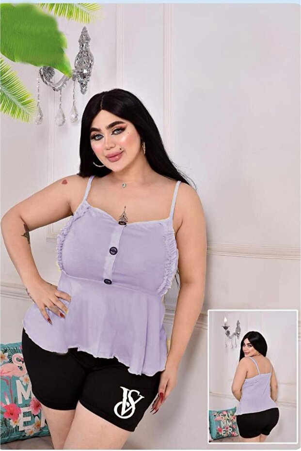بلوزة كامي مكشكشة بمقاس كبير مع أزرار أمامية وبلوزة بيبلوم وحمالات قابلة للتعديل من الشيفون الصيفي للنساء