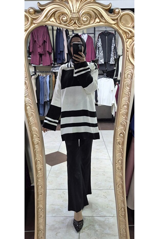 Çizgili triko tunik - 1