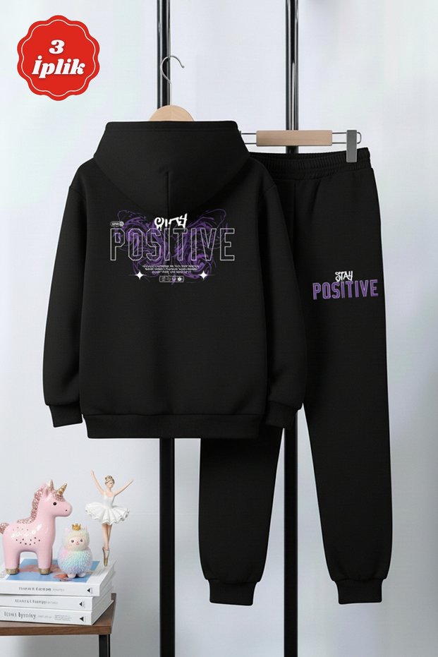 3 İplik Ş Fleece-Lined Winter Kangaroo Pocket Butterfly Print Detailed K Hooded Girls' Tracksuit Set