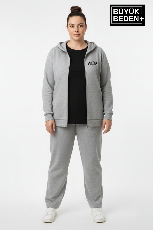 Women's Plus Size Zippered Hooded New York Printed Thin Sweatshirt Cardigan Spr26Bhr923