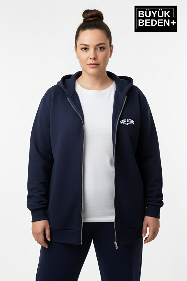 Women's Plus Size Zippered Hooded New York Printed Thin Sweatshirt Cardigan Spr26Bhr923