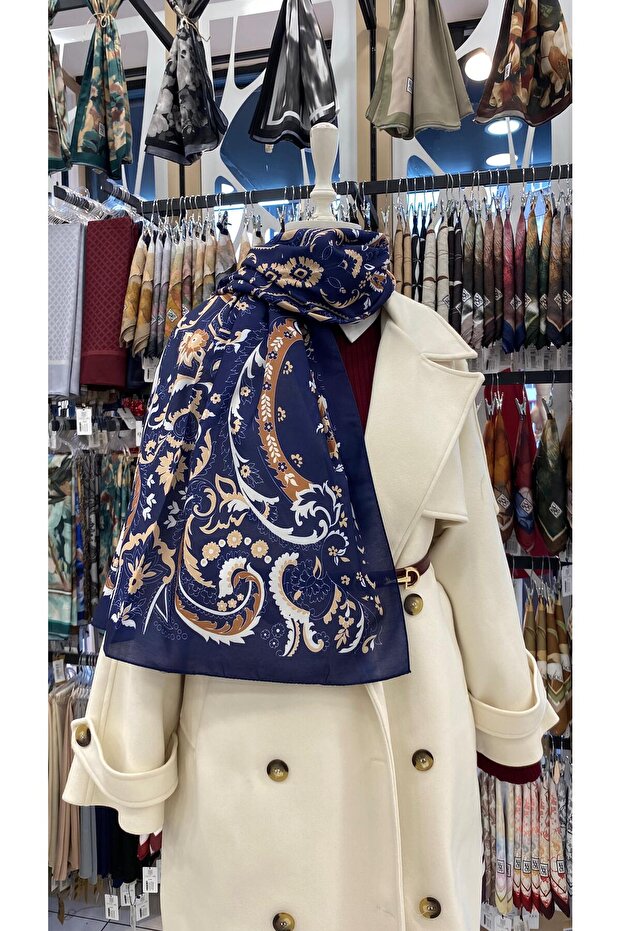 Grand Style Patterned Shawl Navy Blue