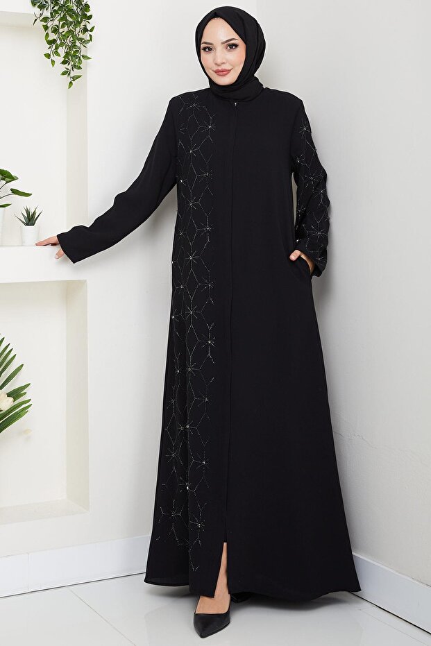 Hidden Placket Half Embellished Abaya Black HM2860