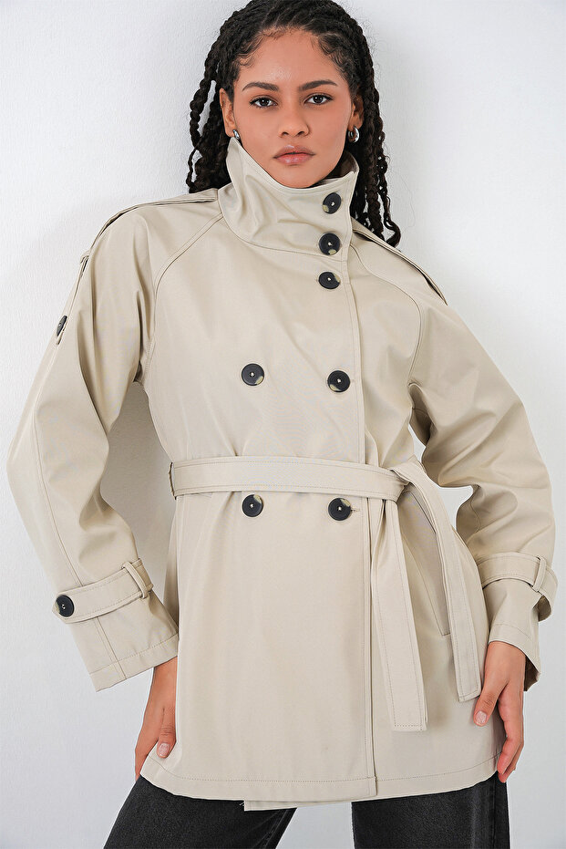 Women's Double-Breasted Collar Short Trench Coat 5980 - Beige