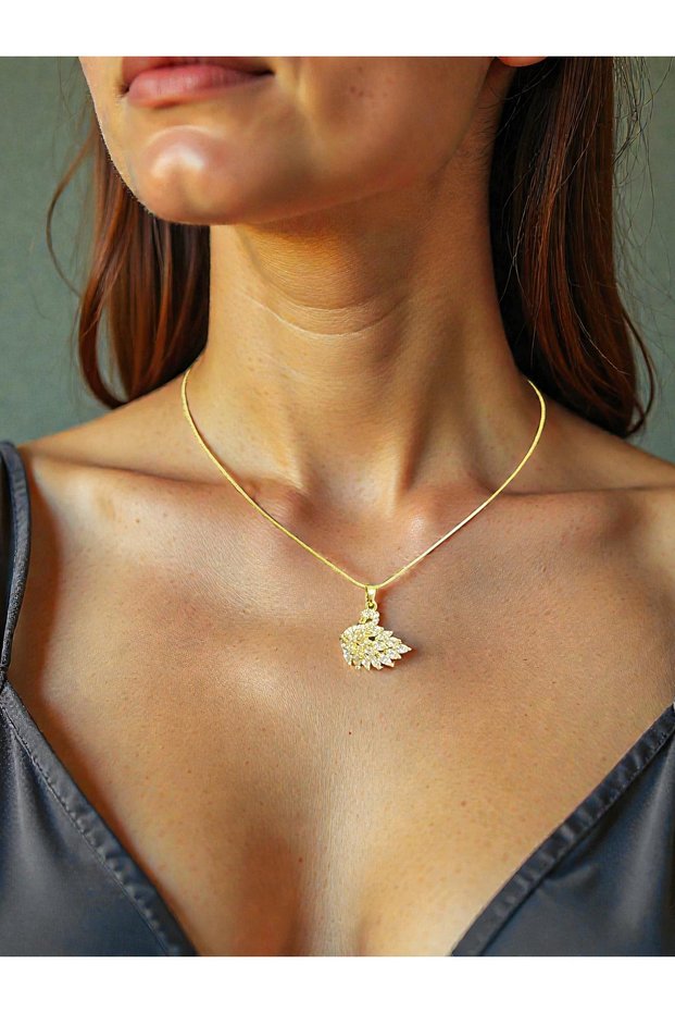 Gold Wing Detailed Necklace – 40+7 cm Adjustable – Stainless Steel – Stone Embellished Stylish Women's Necklace