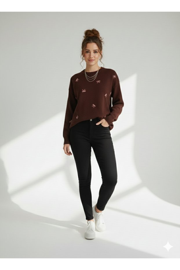 Women's Bow Detailed Crew Neck Double Yarn Knitwear Sweater