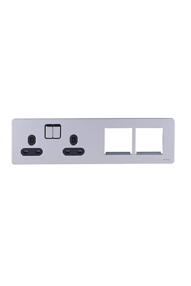 Ultimate Screwless Flat Plate - Switched Double Socket (Polished Chrome/Black)