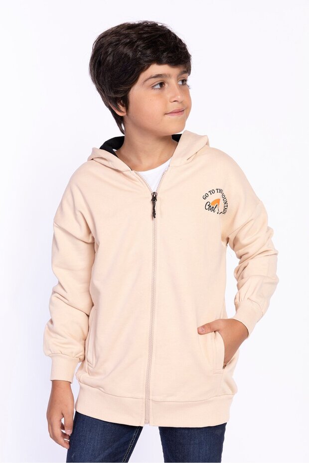 Boys' Hooded Zippered Pockets Low Shoulder Embroidery Printed Knitted Cardigan - 3 Thread Without Embroidery