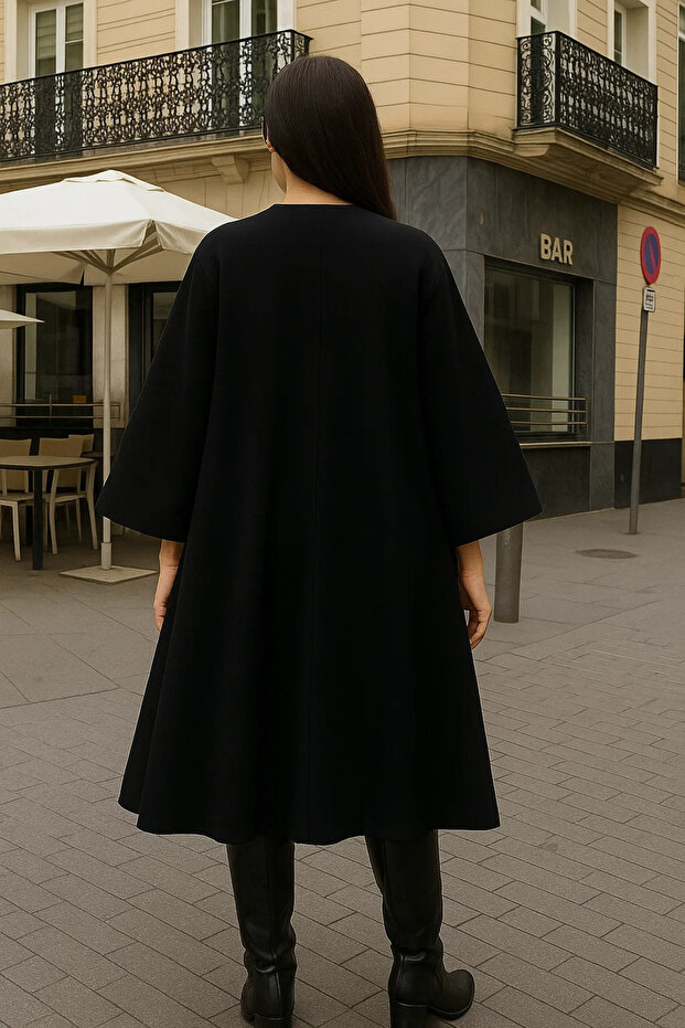 Kadın Premium Basic Uzun Siyah Kaşe Kaban - 5