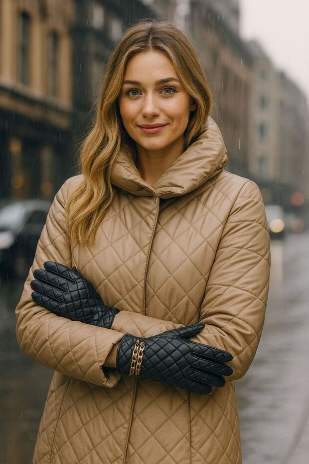 Black Faux Leather Women's Gloves with Gold Accessory Detail