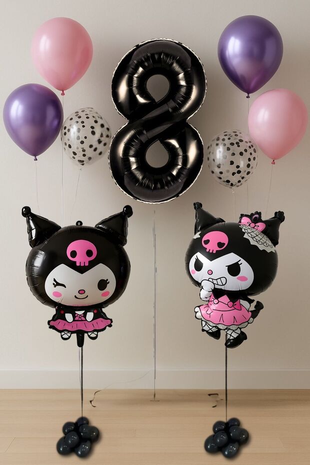 8 Year Old Double Kuromi Theme Birthday Set Black Number Confetti Transparent Balloon Helium Compatible Flying Balloon