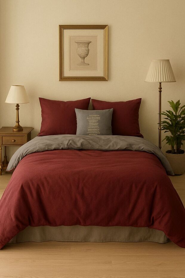 Burgundy Gray Double Ranforce Duvet Cover Set