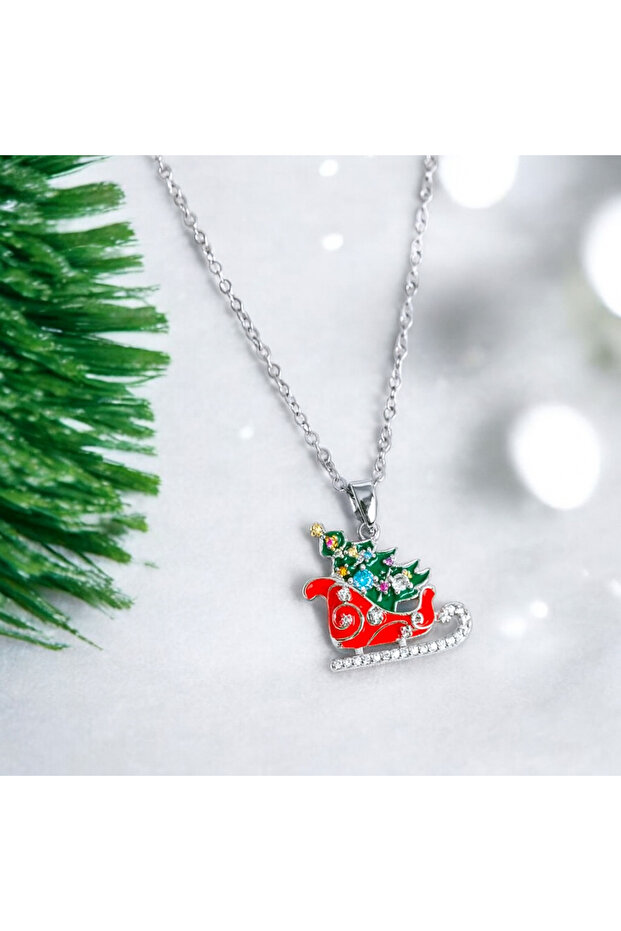 Steel Silver Color Christmas Pendant with Sleigh and Pine Tree Figures