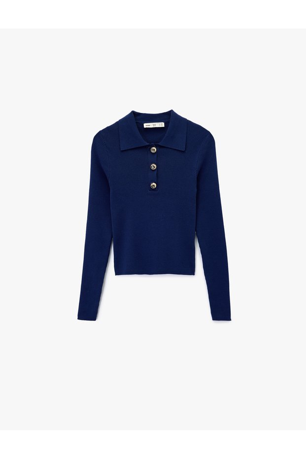 X Selected by Melis Ağazat - Long Sleeve Half Button Detailed Polo Collar Knit Sweater