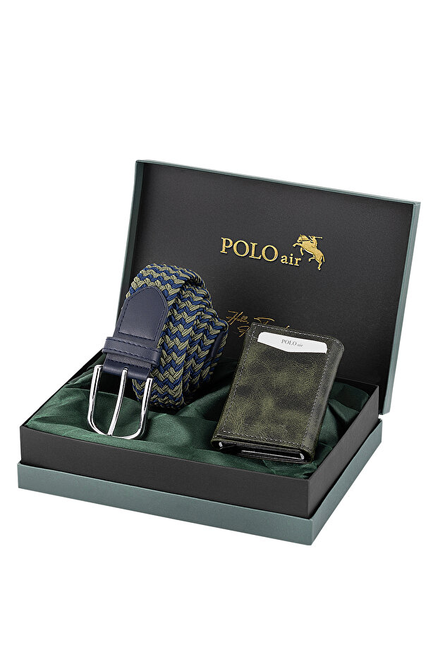 Magnetic Automatic Mechanism Wallet Knitted Flexible Belt Men's Combination Set Green Navy Blue Color M-07-Y