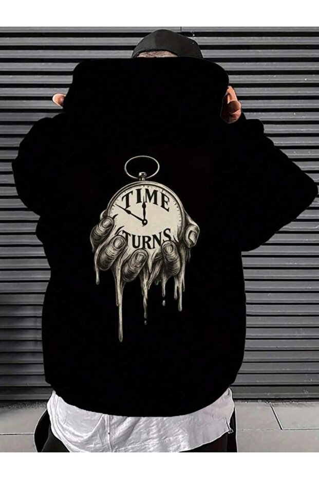 Printed Unisex Oversized Hoodie with Melting Clock Illustration