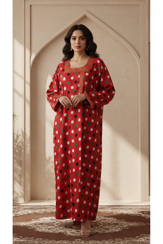 Buteela Printed Jalabiya with embellished neckline