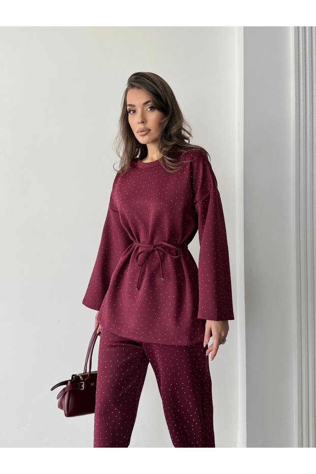 Women's Burgundy Stone Embroidered Waist Tie Detailed Blouse Pants Bottom Top Two Piece Set