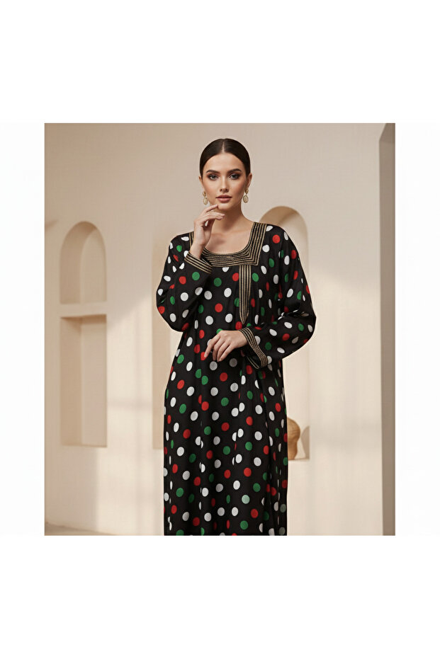 Buteela Printed Jalabiya with embellished neckline