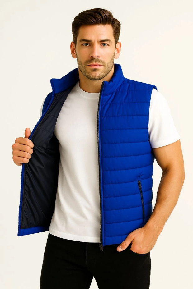 Men's Inflatable Zippered Water Repellent Quilted Lined Vest with Pockets - Cobalt Blue