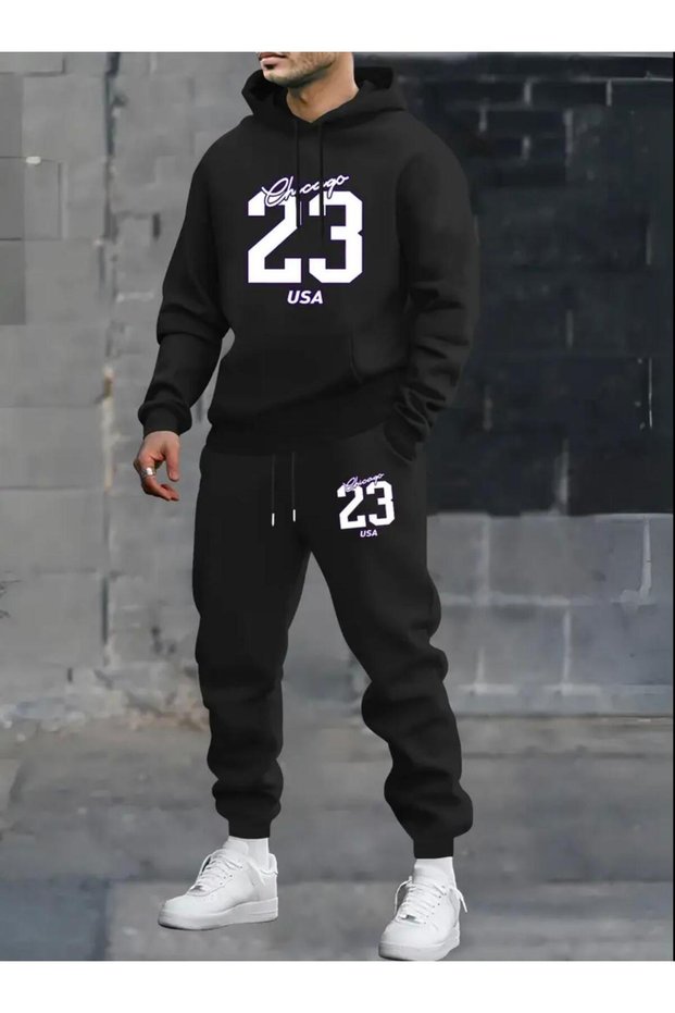 Unisex Usa 23 Printed Hooded Bottom Top Tracksuit Set