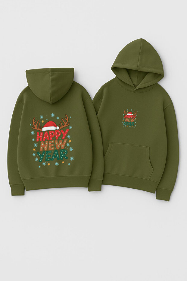 Unisex Hooded Oversized Printed Sweatshirt – Happy New Year with Reindeer Antlers and New Year's Writing